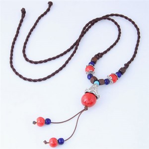 Bohemian Fashion Ceramic Beads Weaving Rope Design Long Style Costume Necklace - Red