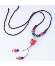 Bohemian Fashion Ceramic Beads Weaving Rope Design Long Style Costume Necklace - Red