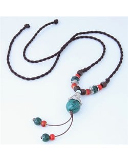 Bohemian Fashion Ceramic Beads Weaving Rope Design Long Style Costume Necklace - Green