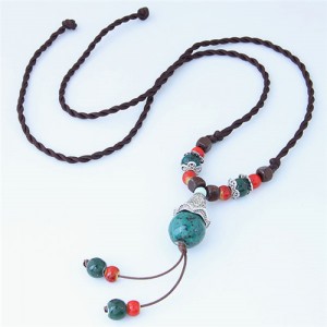 Bohemian Fashion Ceramic Beads Weaving Rope Design Long Style Costume Necklace - Green