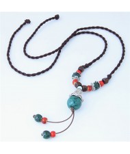 Bohemian Fashion Ceramic Beads Weaving Rope Design Long Style Costume Necklace - Green