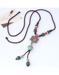 Vintage Hollow Alloy Flower and Ceramic Beads Weaving Rope Fashion Women Necklace