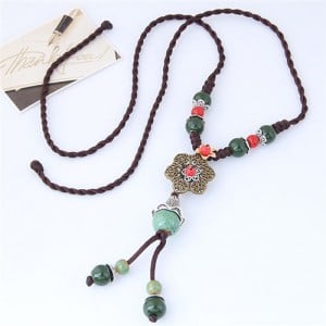 Vintage Hollow Alloy Flower and Ceramic Beads Weaving Rope Fashion Women Necklace
