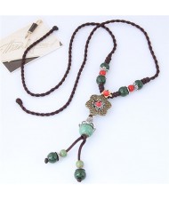 Vintage Hollow Alloy Flower and Ceramic Beads Weaving Rope Fashion Women Necklace