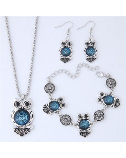 Vintage Floral Pattern Night Owl Fashion Necklace Earrings and Bracelet Set - Blue