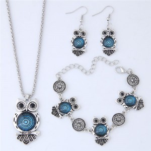 Vintage Floral Pattern Night Owl Fashion Necklace Earrings and Bracelet Set - Blue