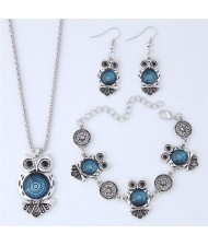 Vintage Floral Pattern Night Owl Fashion Necklace Earrings and Bracelet Set - Blue