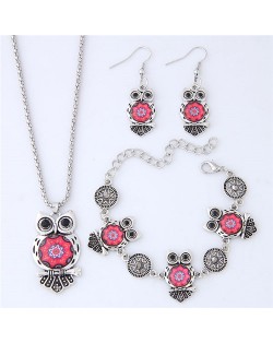 Vintage Floral Pattern Night Owl Fashion Necklace Earrings and Bracelet Set - Red