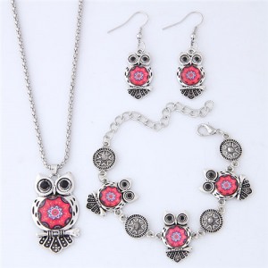 Vintage Floral Pattern Night Owl Fashion Necklace Earrings and Bracelet Set - Red