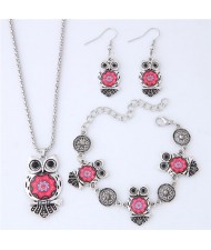 Vintage Floral Pattern Night Owl Fashion Necklace Earrings and Bracelet Set - Red