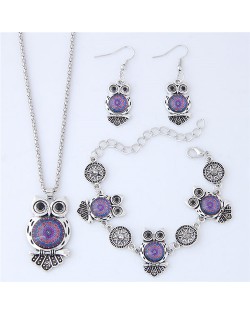 Vintage Floral Pattern Night Owl Fashion Necklace Earrings and Bracelet Set - Purple