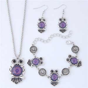 Vintage Floral Pattern Night Owl Fashion Necklace Earrings and Bracelet Set - Purple
