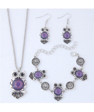 Vintage Floral Pattern Night Owl Fashion Necklace Earrings and Bracelet Set - Purple