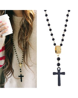 High Fashion Ring and Cross Pendants Long Beads Chain Costume Necklace