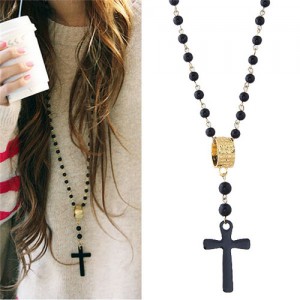 High Fashion Ring and Cross Pendants Long Beads Chain Costume Necklace