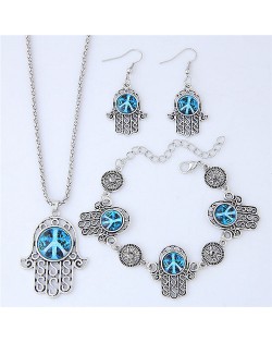 Resin Peace Symbol Inlaid Palm Fashion Necklace Earrings and Bracelet Set - Blue