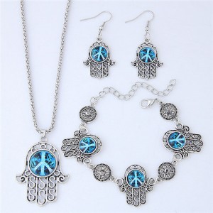 Resin Peace Symbol Inlaid Palm Fashion Necklace Earrings and Bracelet Set - Blue