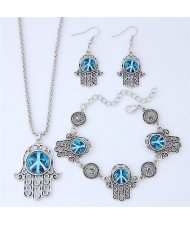 Resin Peace Symbol Inlaid Palm Fashion Necklace Earrings and Bracelet Set - Blue