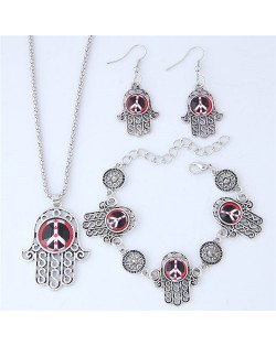 Resin Peace Symbol Inlaid Palm Fashion Necklace Earrings and Bracelet Set - Red