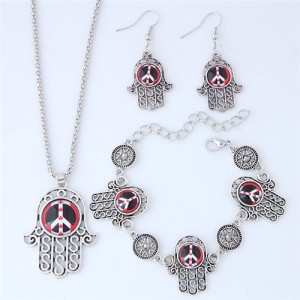 Resin Peace Symbol Inlaid Palm Fashion Necklace Earrings and Bracelet Set - Red