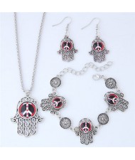 Resin Peace Symbol Inlaid Palm Fashion Necklace Earrings and Bracelet Set - Red