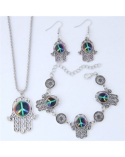 Resin Peace Symbol Inlaid Palm Fashion Necklace Earrings and Bracelet Set - Black