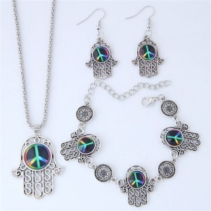 Resin Peace Symbol Inlaid Palm Fashion Necklace Earrings and Bracelet Set - Black