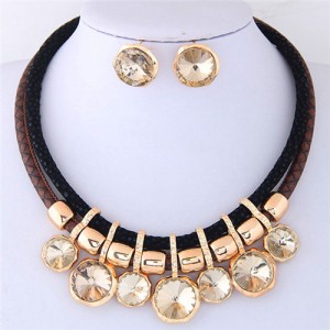 Shining Glass Beads Dual Layers Leather Fashion Necklace and Earrings Set