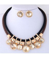 Shining Glass Beads Dual Layers Leather Fashion Necklace and Earrings Set