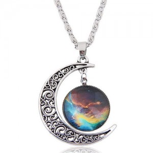 Starry Sky and Hollow Moon Pendant Fashion Statement Necklace
