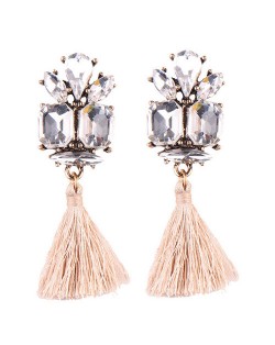 Gem Combined Floral Style Cotton Threads Tassel High Fashion Earrings - Khaki