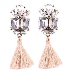 Gem Combined Floral Style Cotton Threads Tassel High Fashion Earrings - Khaki