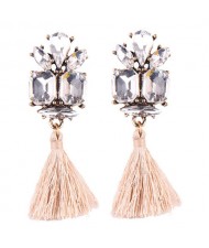 Gem Combined Floral Style Cotton Threads Tassel High Fashion Earrings - Khaki