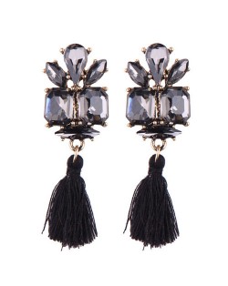 Gem Combined Floral Style Cotton Threads Tassel High Fashion Earrings - Black