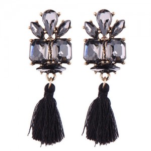 Gem Combined Floral Style Cotton Threads Tassel High Fashion Earrings - Black
