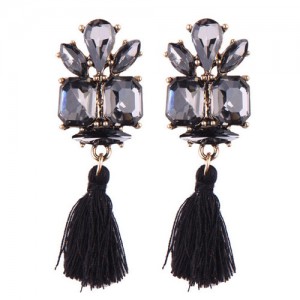 Gem Combined Floral Style Cotton Threads Tassel High Fashion Earrings - Black