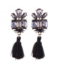 Gem Combined Floral Style Cotton Threads Tassel High Fashion Earrings - Black