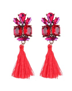 Gem Combined Floral Style Cotton Threads Tassel High Fashion Earrings - Red