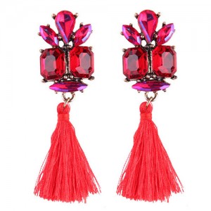 Gem Combined Floral Style Cotton Threads Tassel High Fashion Earrings - Red