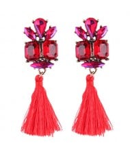 Gem Combined Floral Style Cotton Threads Tassel High Fashion Earrings - Red
