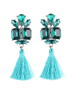 Gem Combined Floral Style Cotton Threads Tassel High Fashion Earrings - Blue