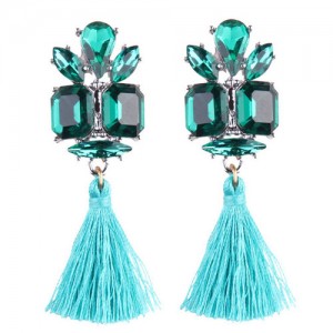 Gem Combined Floral Style Cotton Threads Tassel High Fashion Earrings - Blue