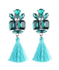Gem Combined Floral Style Cotton Threads Tassel High Fashion Earrings - Blue