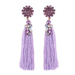 Rhinestone Sunflower Cotton Threads High Fashion Earrings - Purple