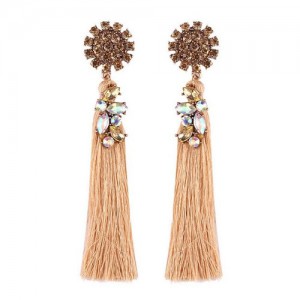 Rhinestone Sunflower Cotton Threads High Fashion Earrings - Khaki