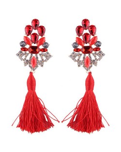 Gem Combined Hollow Flower with Cotton Threads Tassel Design Costume Earrings - Red
