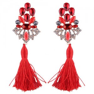 Gem Combined Hollow Flower with Cotton Threads Tassel Design Costume Earrings - Red