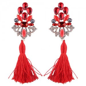 Gem Combined Hollow Flower with Cotton Threads Tassel Design Costume Earrings - Red