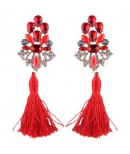 Gem Combined Hollow Flower with Cotton Threads Tassel Design Costume Earrings - Red