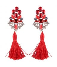 Gem Combined Hollow Flower with Cotton Threads Tassel Design Costume Earrings - Red